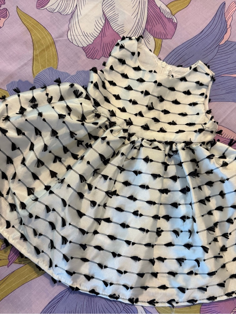 Popatu White Dress with Black Tassel Pattern